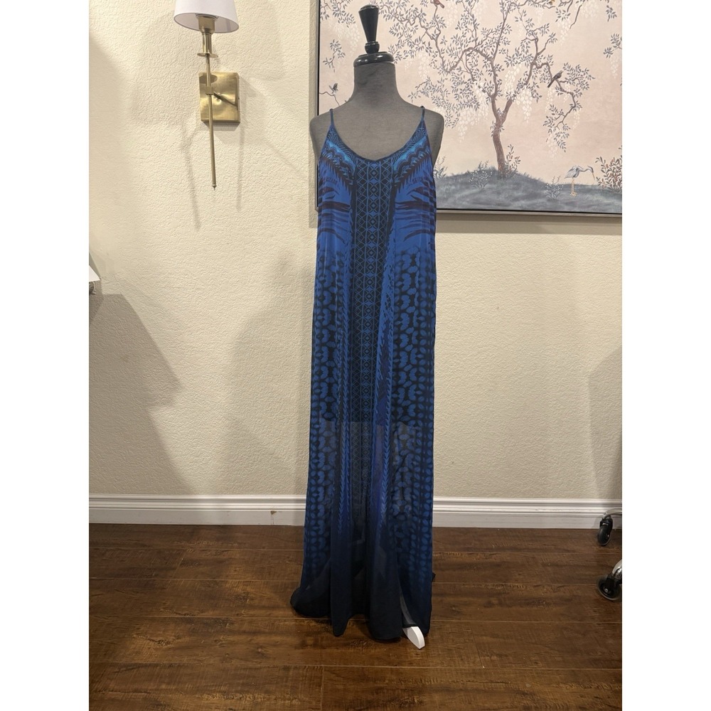 Express Blue Black Geometric Chiffon Maxi Dress V-Neck Strappy Sleeveless M